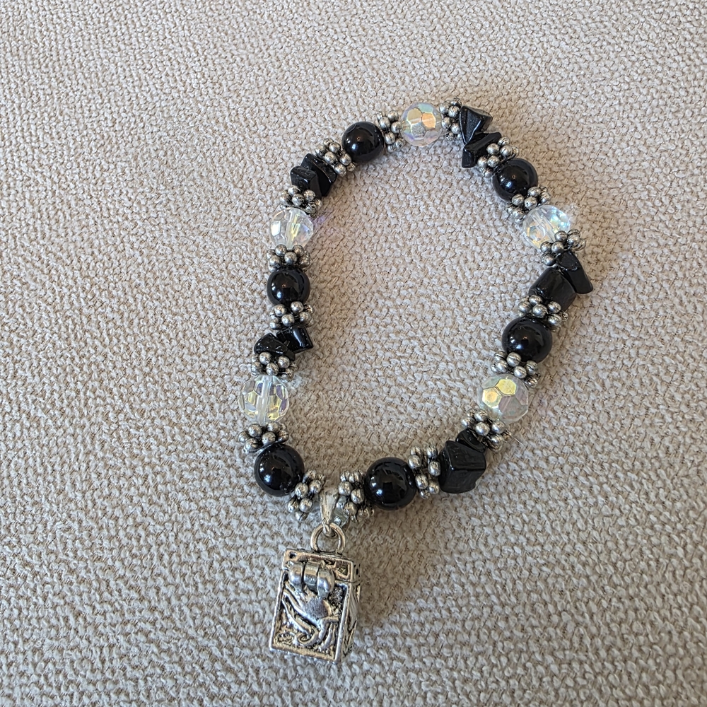 Unique Beaded Stretch Bracelet w/ Hinged Pill Box Locket Charm